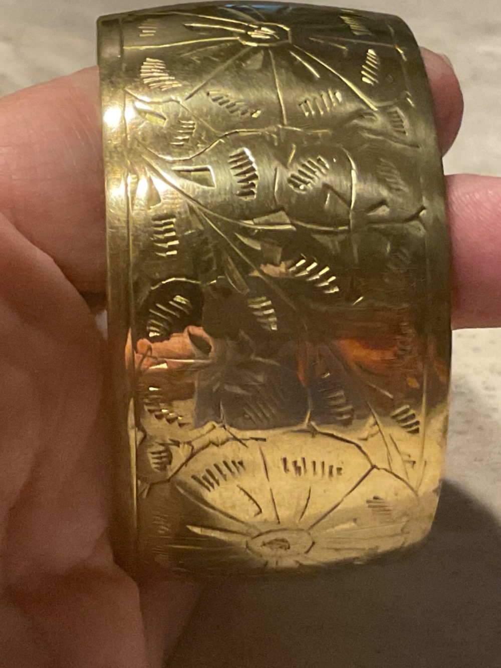 Brass Bangle Bracelet Vintage 2.75” diameter etched floral - Picture 4 of 7